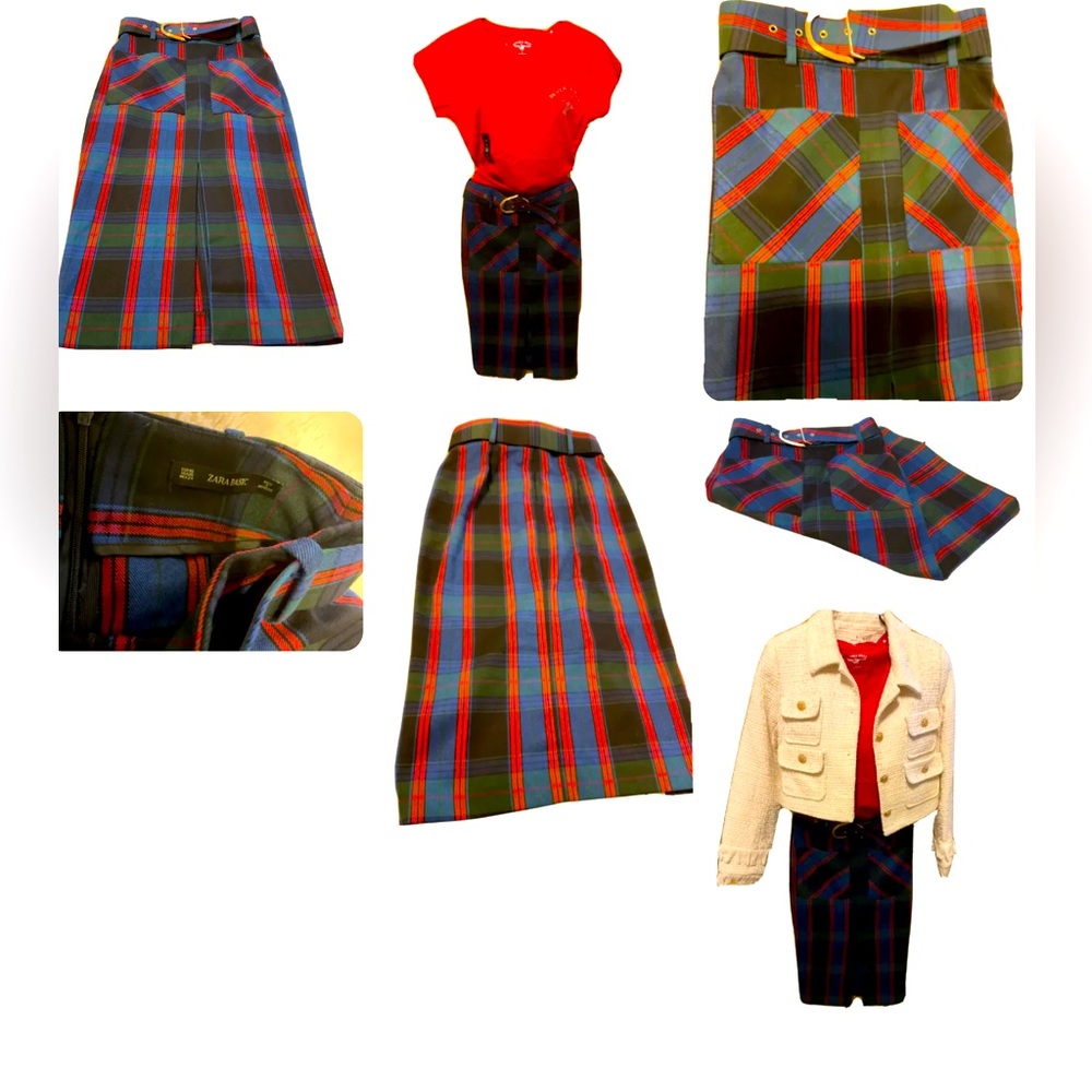 ZARA Plaid Pencil SKIRT GOLD BUCKLE